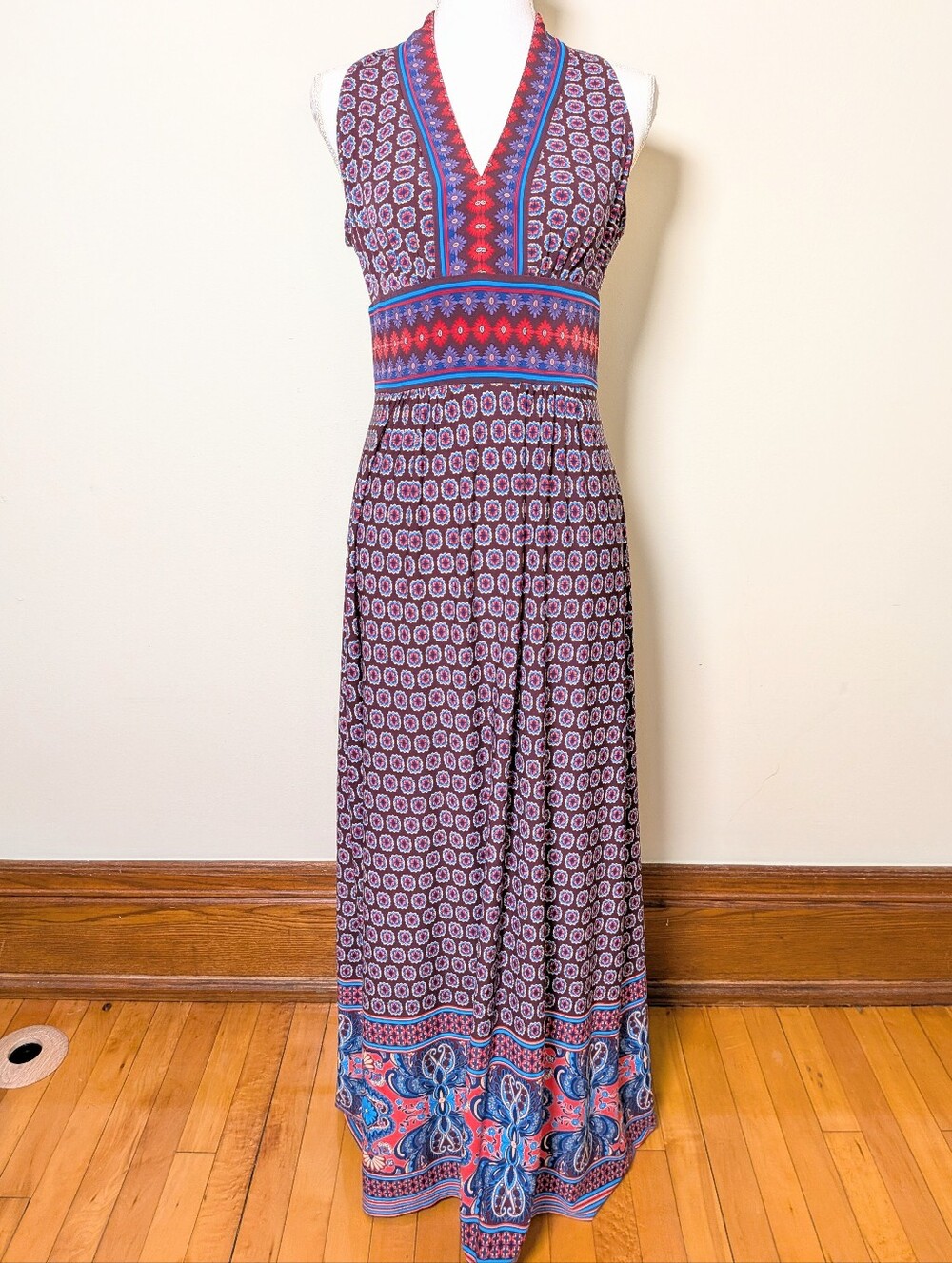 V-Neck Maxi Dress in Purple, Red, and Blue